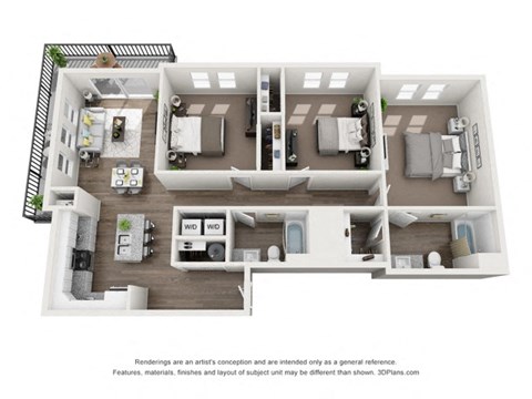 Floor plan for 3 beds, 2 baths, 1390 sqft